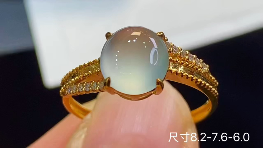 18k金+钻玻璃种蛋面戒指，无暇，8.2-7.6-6.0