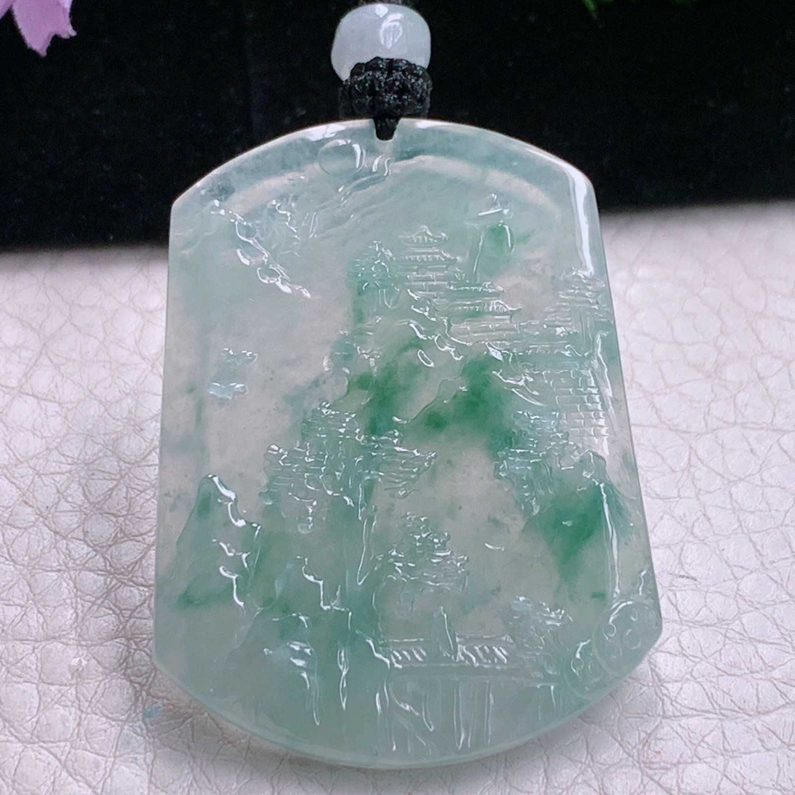 Cys实拍47.3*35.8*4.8天然缅甸翡翠冰透花山水牌吊坠悠然自得