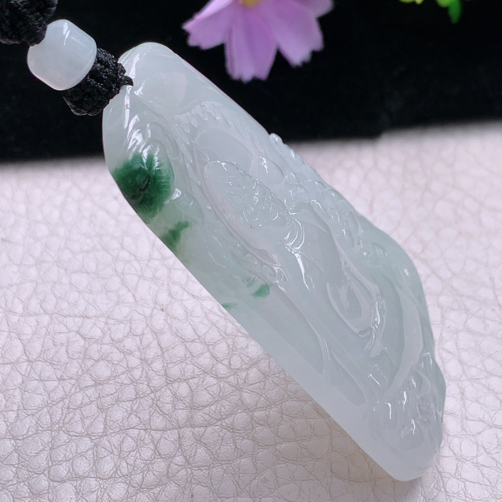 Cys实拍66*39.6*7天然缅甸翡翠飘花大势至观音菩萨玉坠