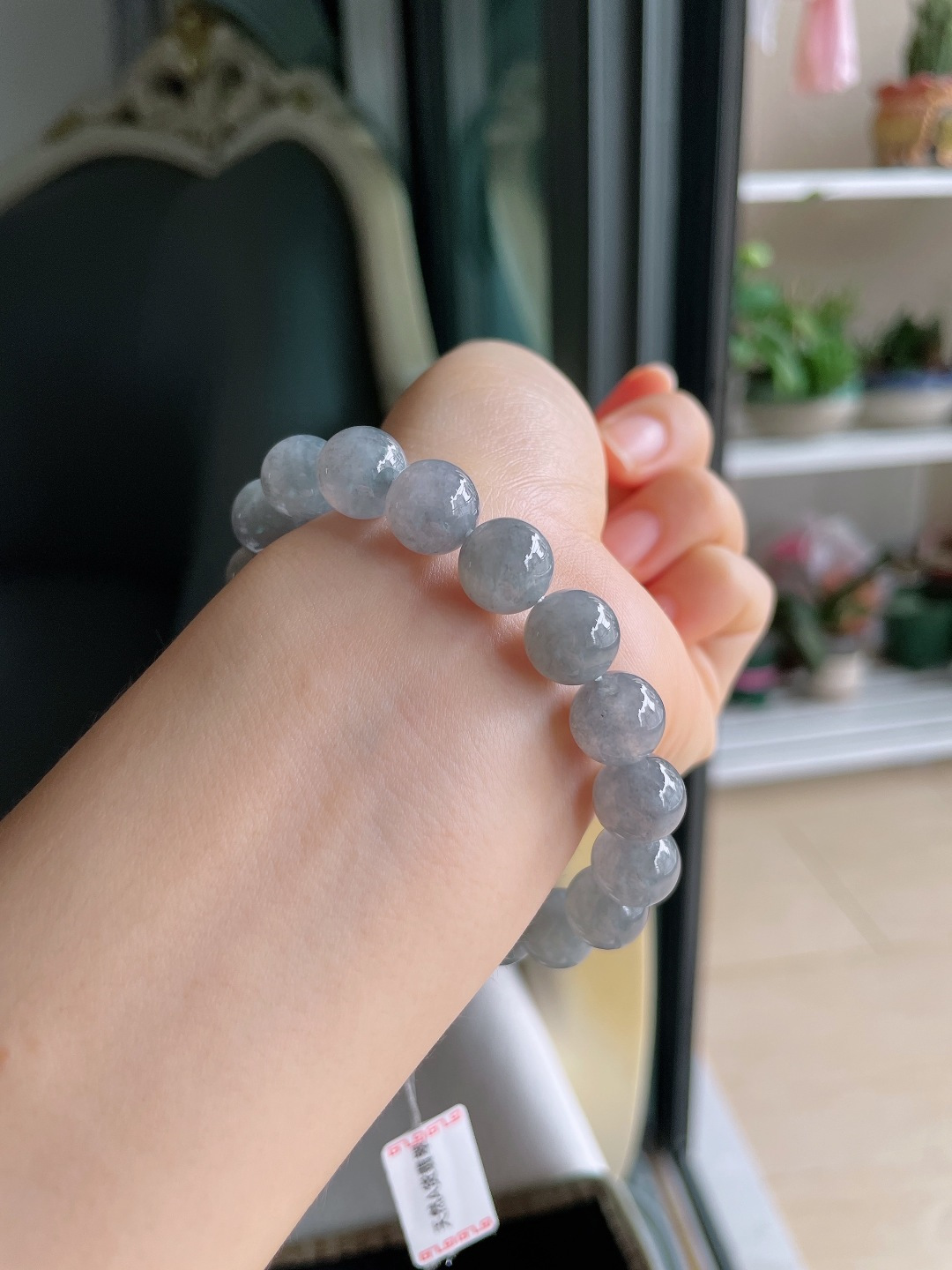 天然翡翠A货，冰乌鸡手串，尺寸：10.2mm。【编3795】