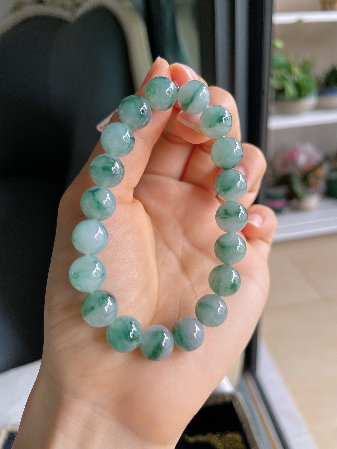 缅甸天然翡翠A货，冰飘花手串，尺寸：10mm。【编3190】