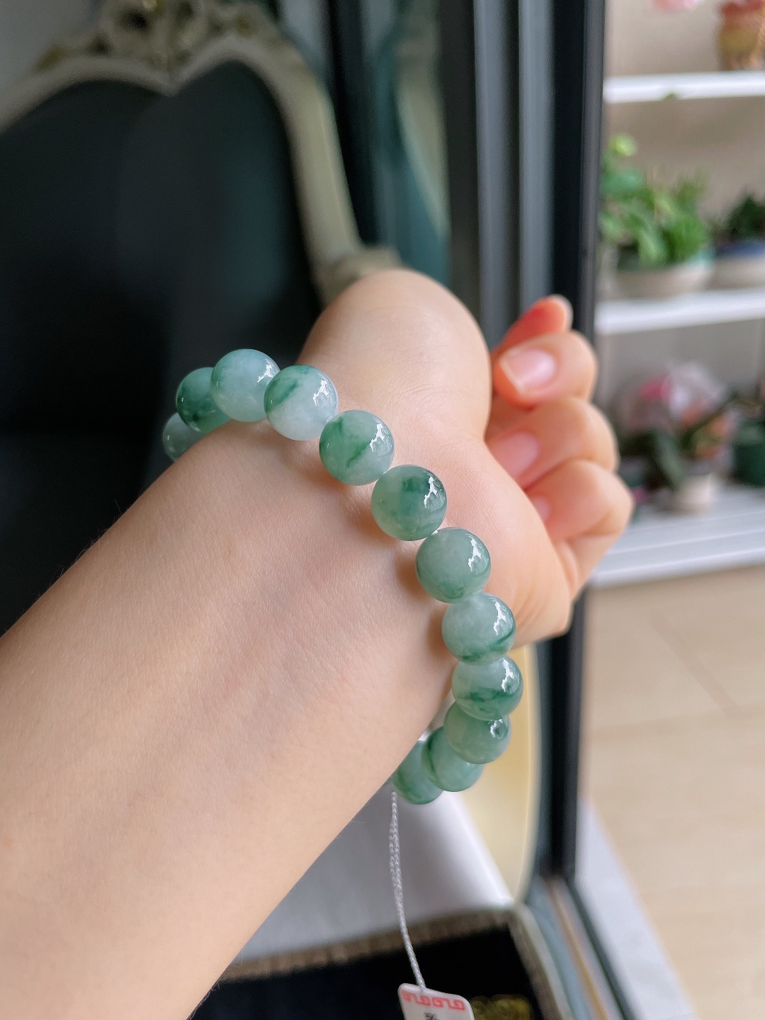 缅甸天然翡翠A货，冰飘花手串，尺寸：10mm。【编3190】