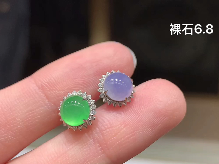 18K 双彩蛋面耳钉 无裂, 尺寸，6.8