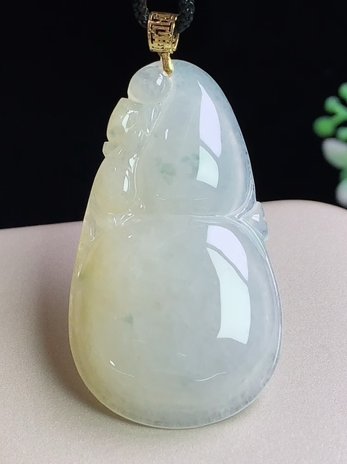 18k金镶黄翡飘花葫芦，无裂，尺寸44.6-24.9-5.9mm，Q16xcf