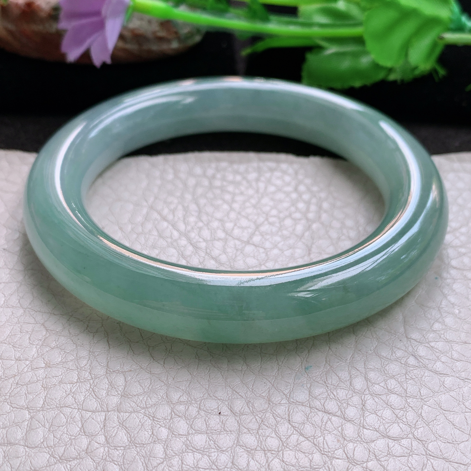 js大圈口62*12.5*12.3招财胖圆镯 缅甸翡翠a货玉手镯半山水圆条玉手环