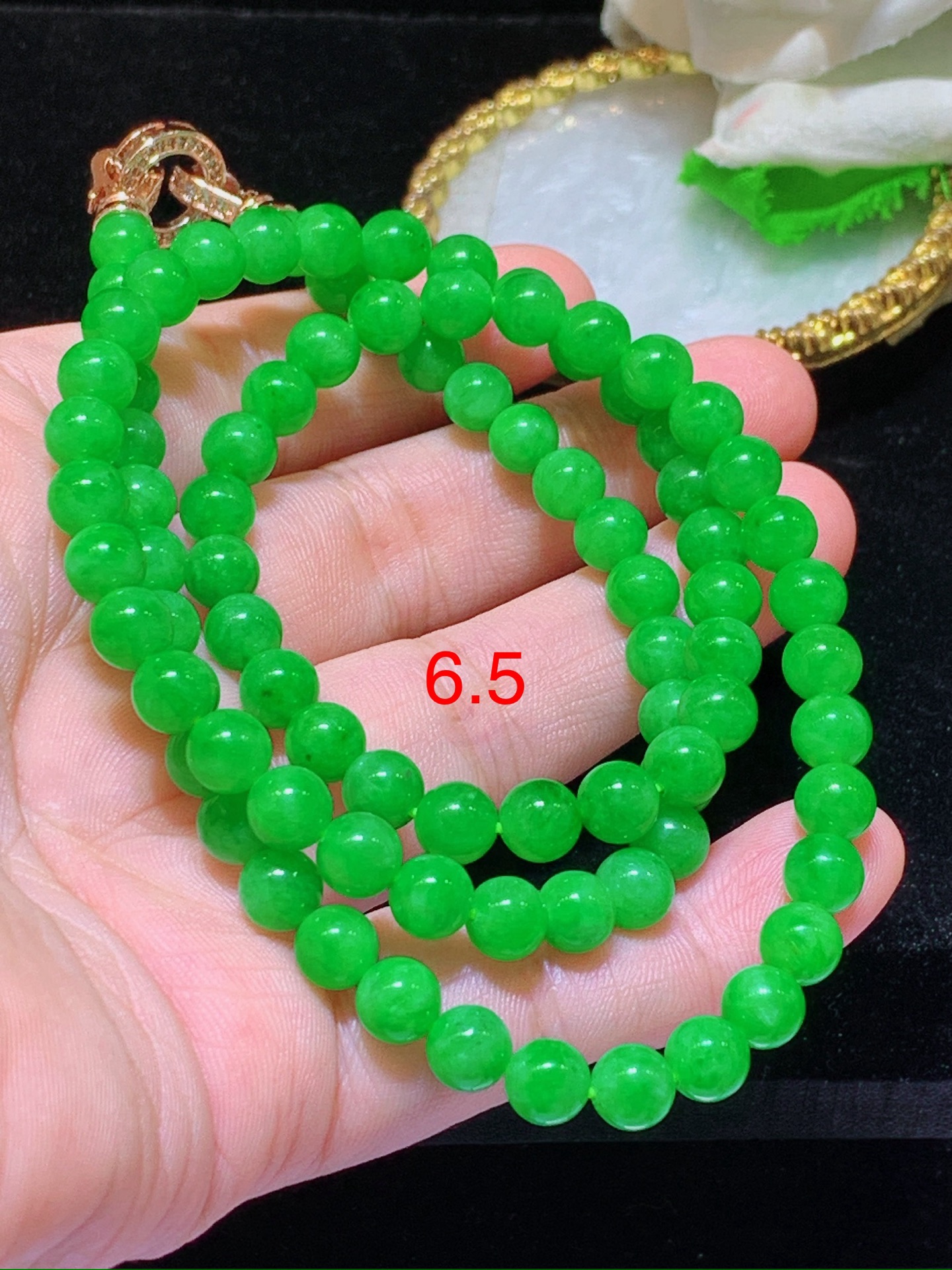翡翠A货 满绿珠子项链手链两用款 18k金镶嵌，冰润细腻，佩戴效果出众，6.5