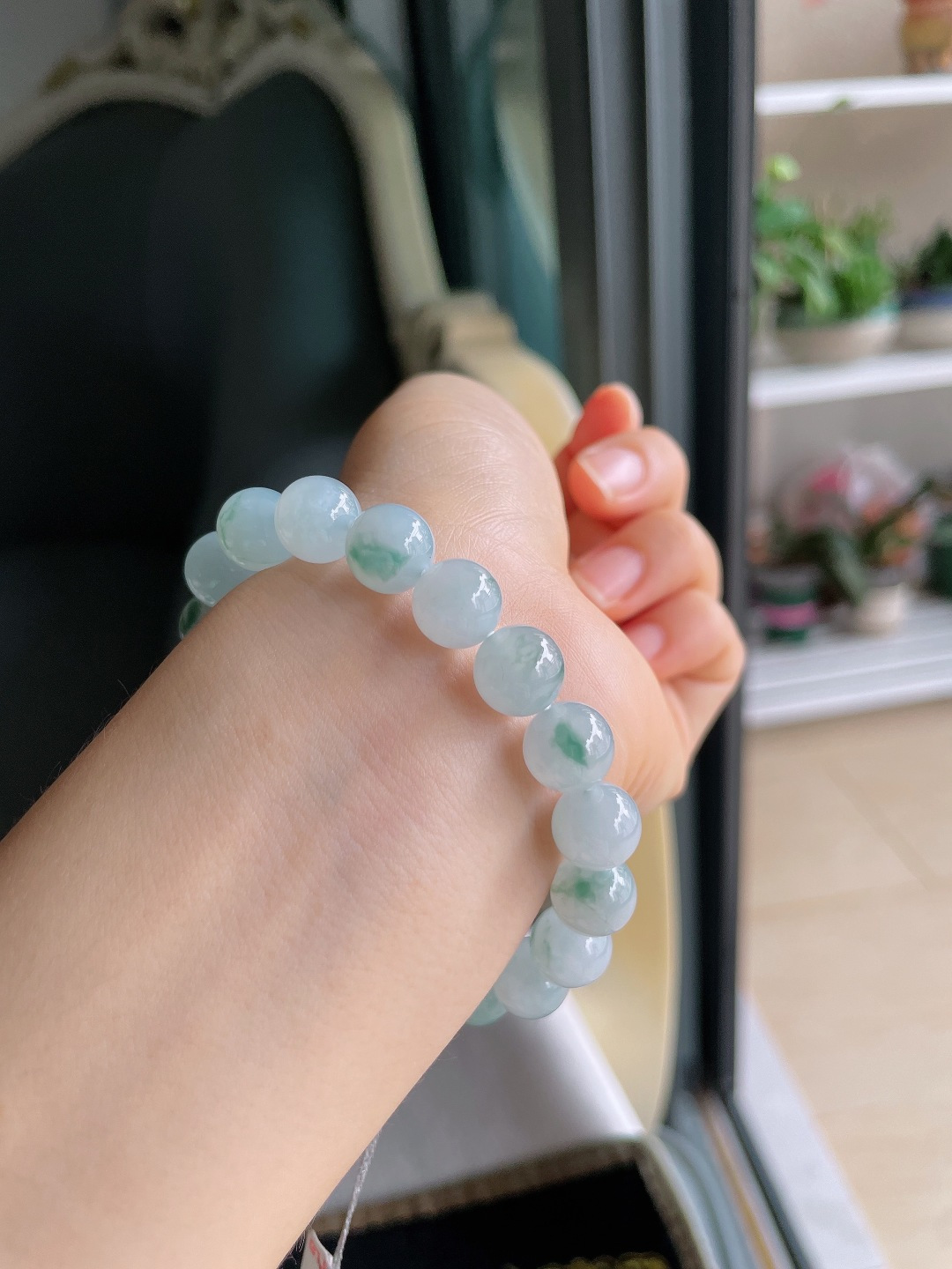 ️缅甸天然翡翠A货，冰飘花手串，尺寸：10mm。【编4186】