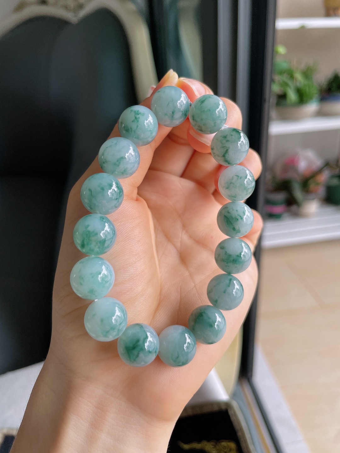 ️，天然翡翠A货，冰飘花手串，尺寸：13mm。【编4060】