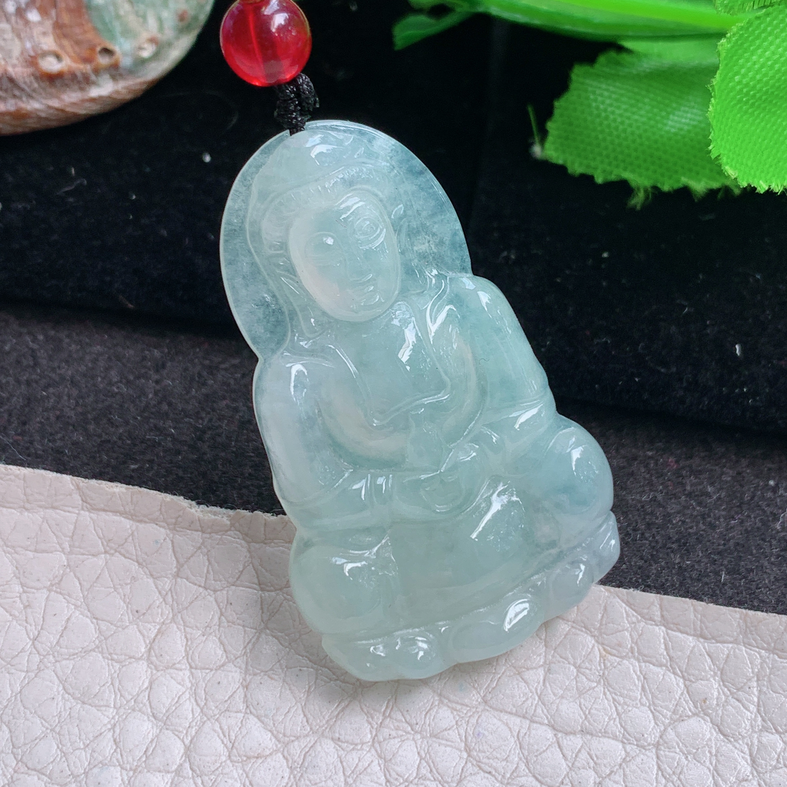 Zen实拍41*25.5*4.8缅甸翡翠精雕冰晴净瓶观音玉吊坠