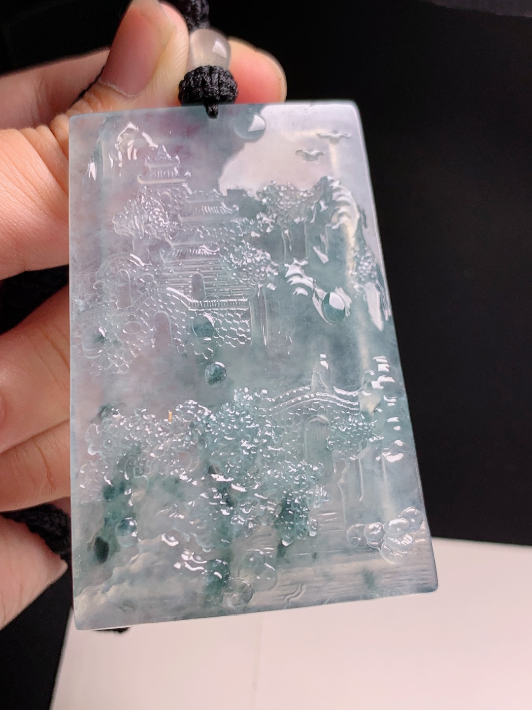 ️ 冰种飘花山水牌，冰透起胶意境悠远，精工雕琢景致灵动 裸石62.7-41.2-5.8 43