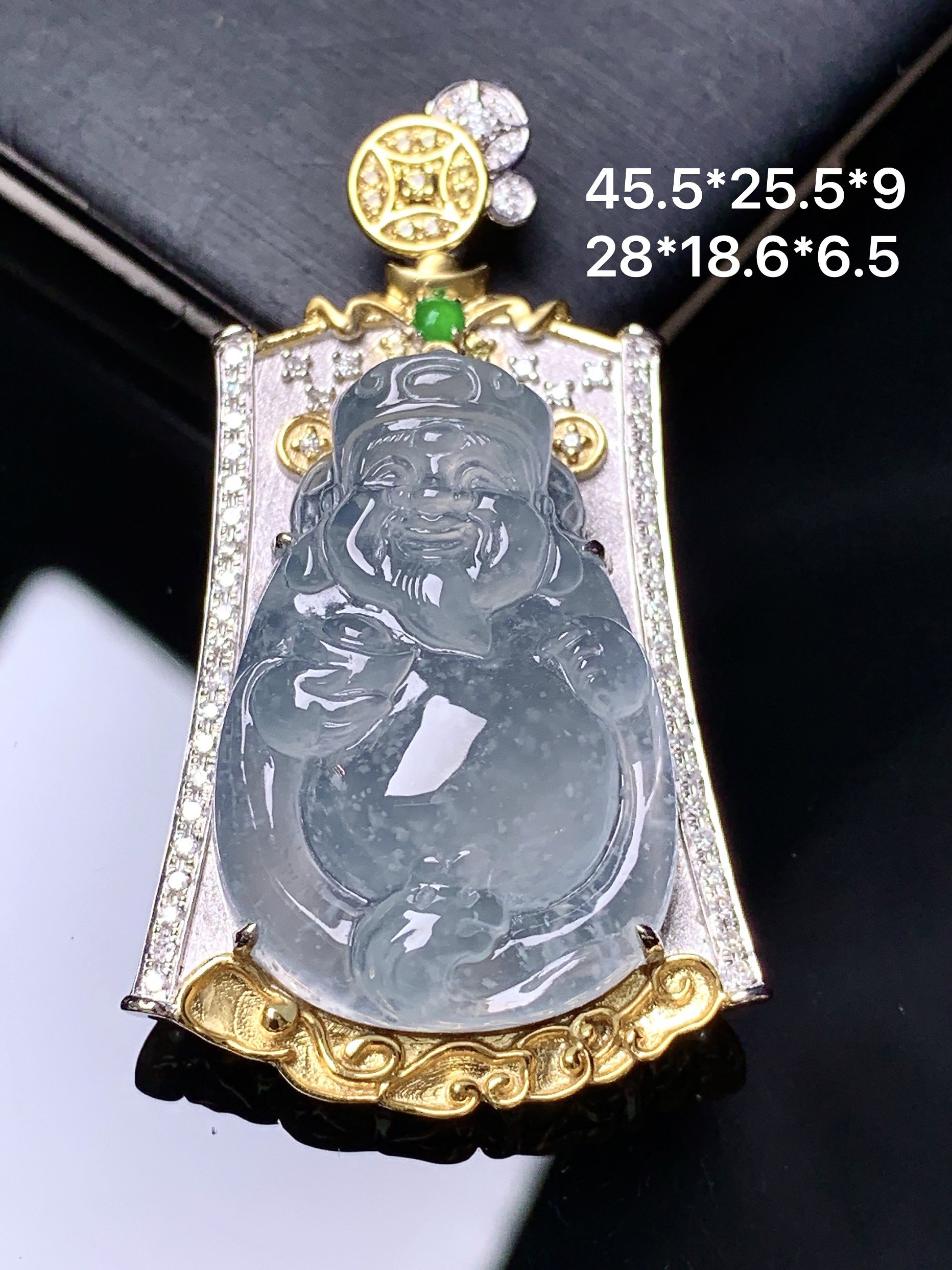 18k金钻镶嵌冰种财神吊坠 玉质细腻 色泽艳丽清新 整体尺寸45.5*25.5*9 t1