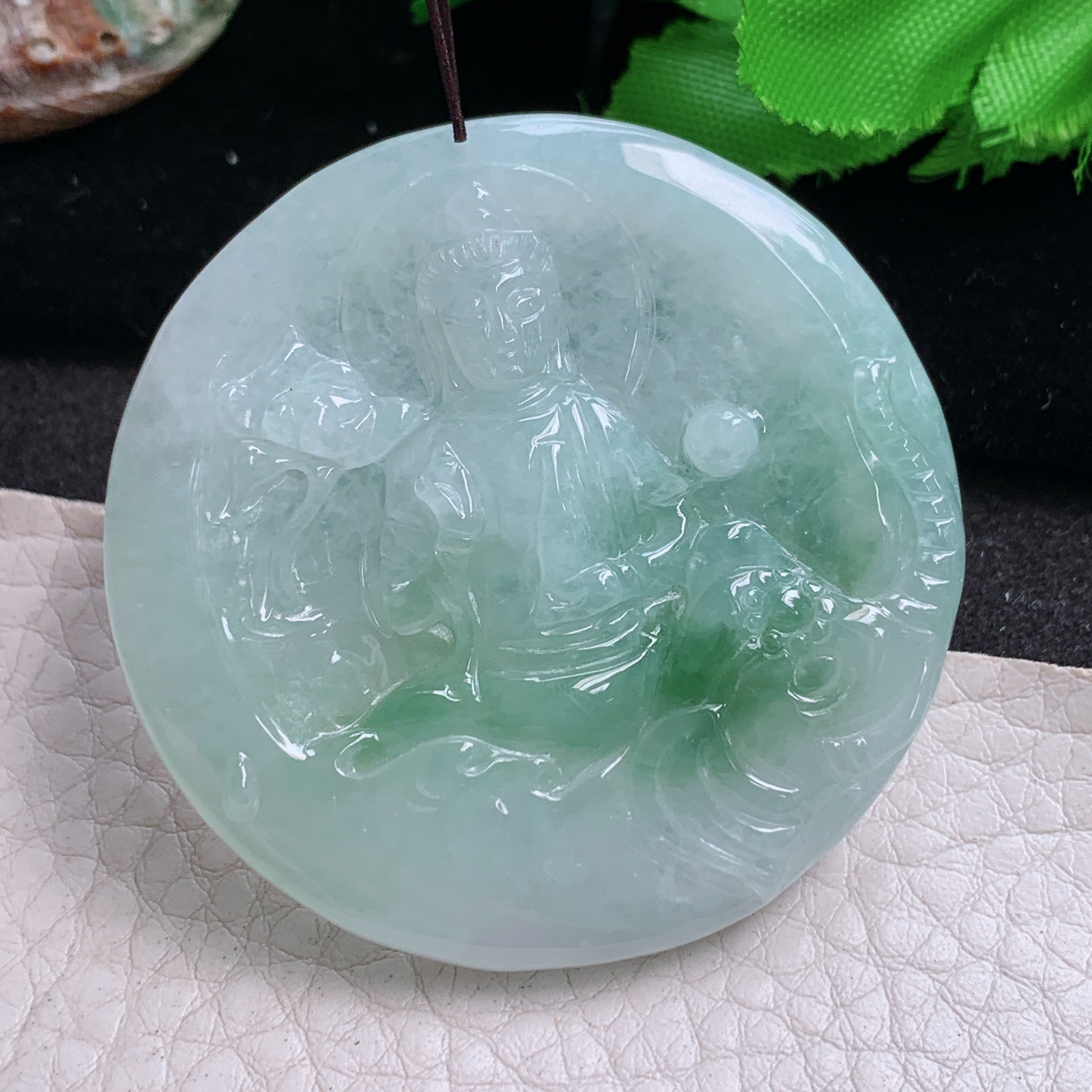 Zen实拍49.3*6.8缅甸翡翠精雕飘花普贤菩萨 生肖守护神玉吊坠