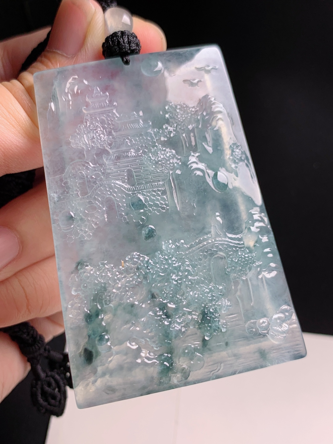 ️ 冰种飘花山水牌，冰透起胶意境悠远，精工雕琢景致灵动 裸石62.7-41.2-5.8 43