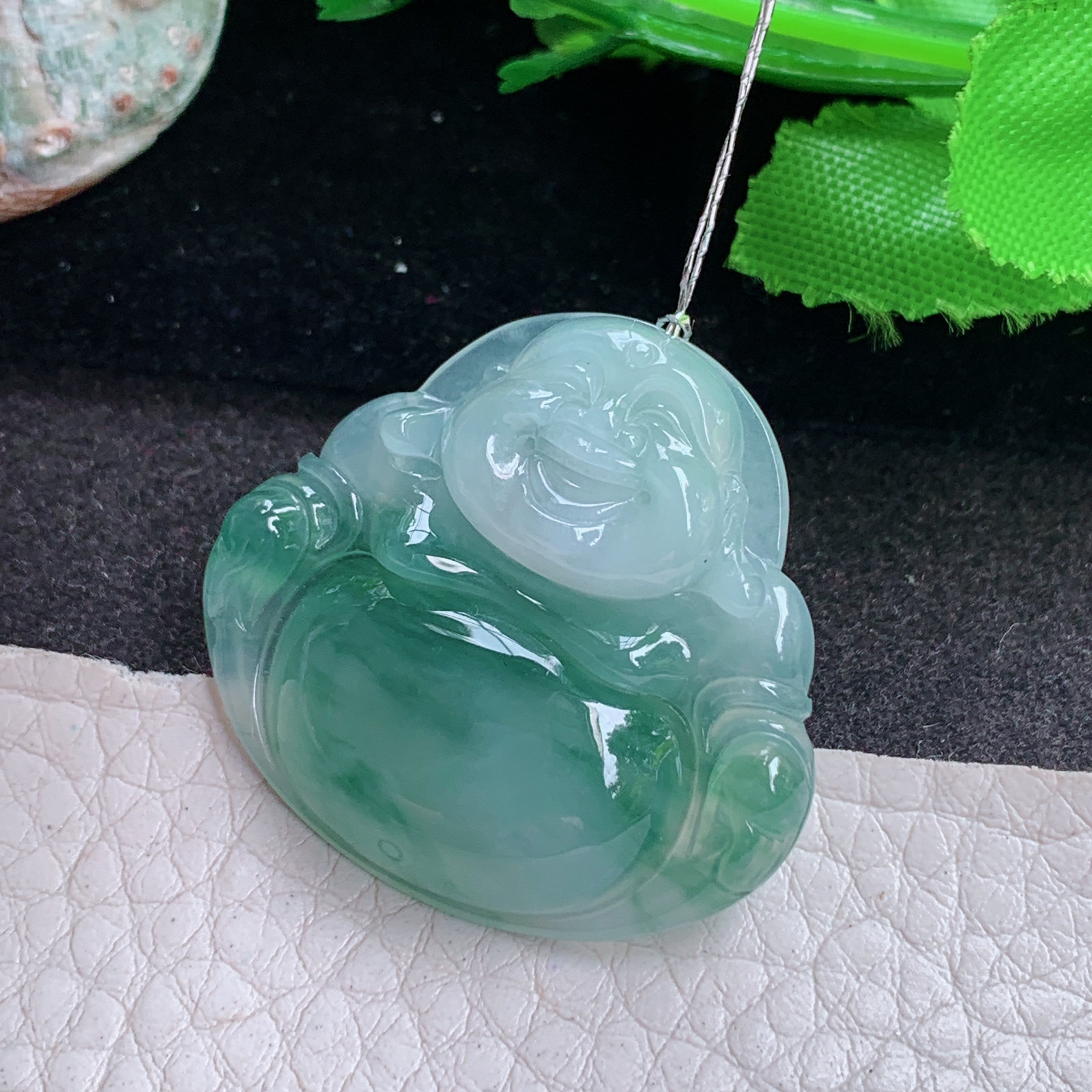 Qxm实拍31.8*34*6缅甸翡翠飘花大佛公吊坠大肚弥勒佛玉坠