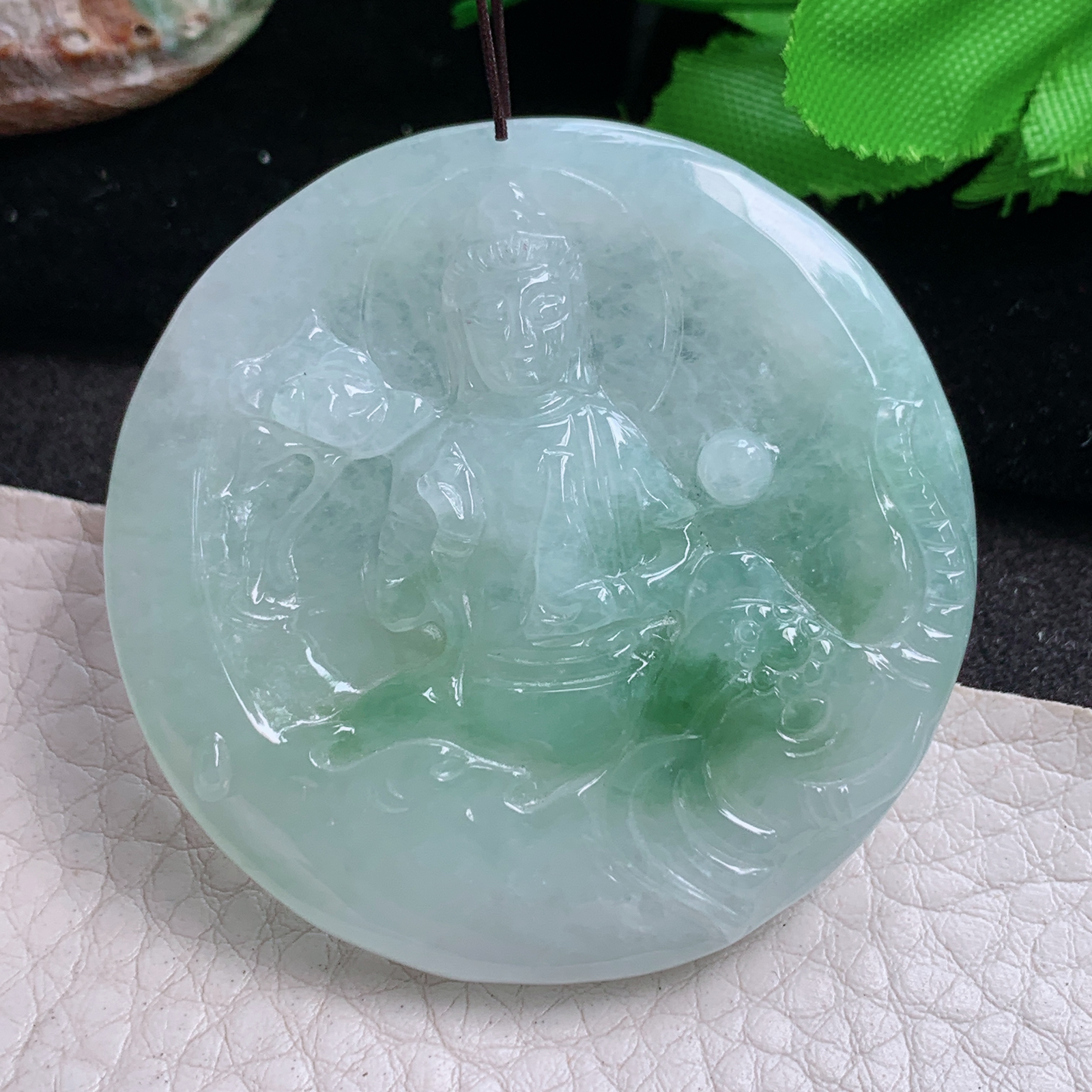 Zen实拍49.3*6.8缅甸翡翠精雕飘花普贤菩萨 生肖守护神玉吊坠