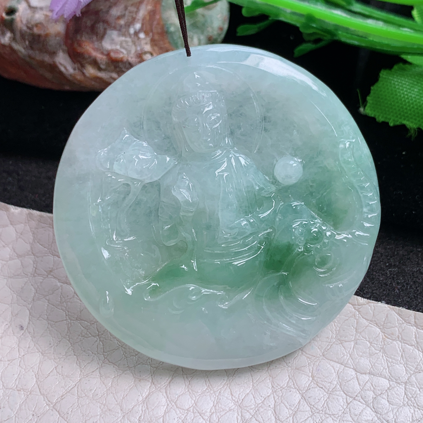 Zen实拍49.3*6.8缅甸翡翠精雕飘花普贤菩萨 生肖守护神玉吊坠