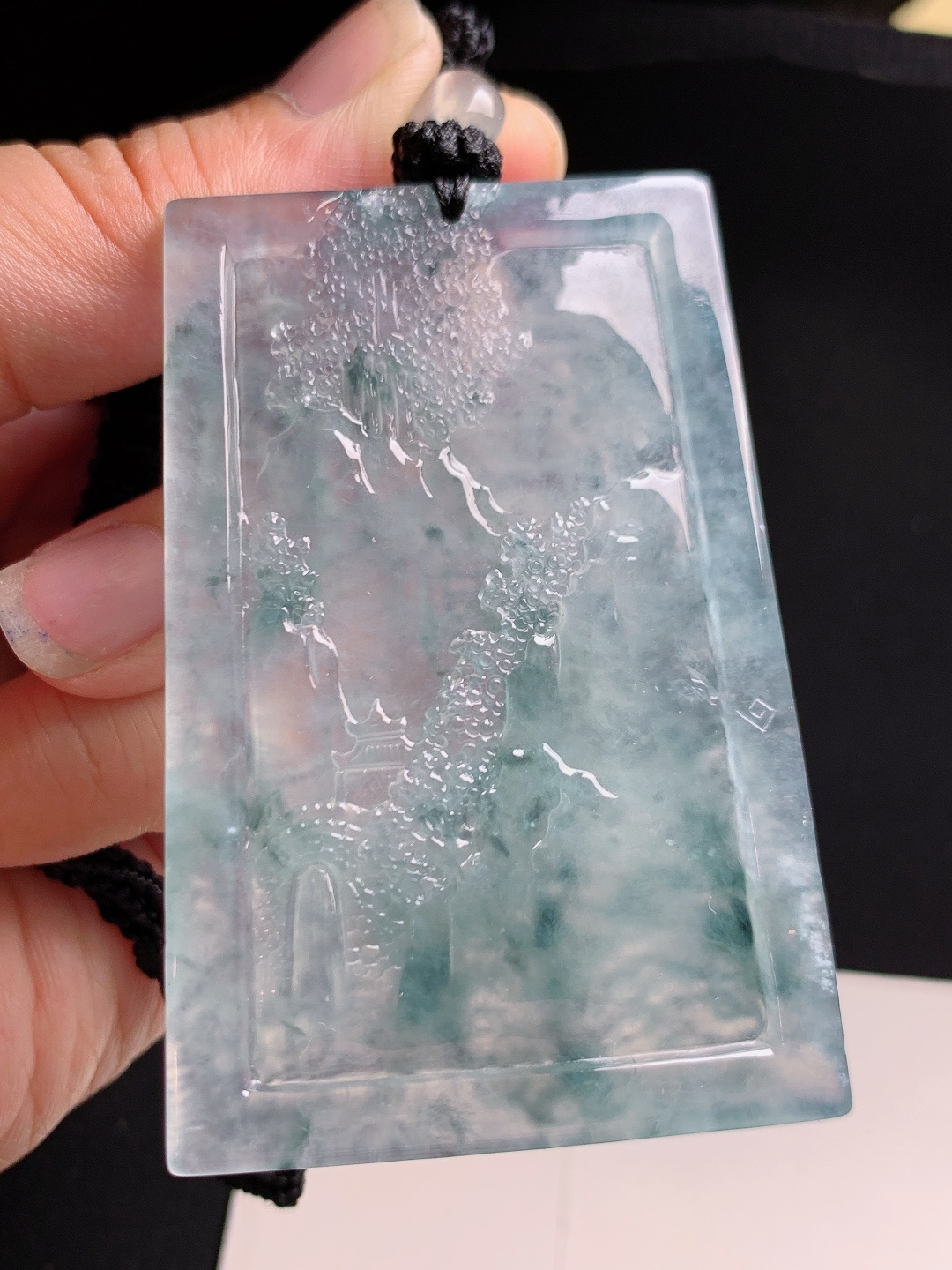 ️ 冰种飘花山水牌，冰透起胶意境悠远，精工雕琢景致灵动 裸石62.7-41.2-5.8 43
