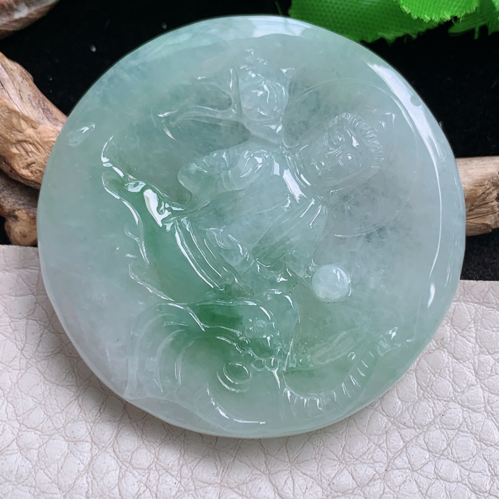 Zen实拍49.3*6.8缅甸翡翠精雕飘花普贤菩萨 生肖守护神玉吊坠
