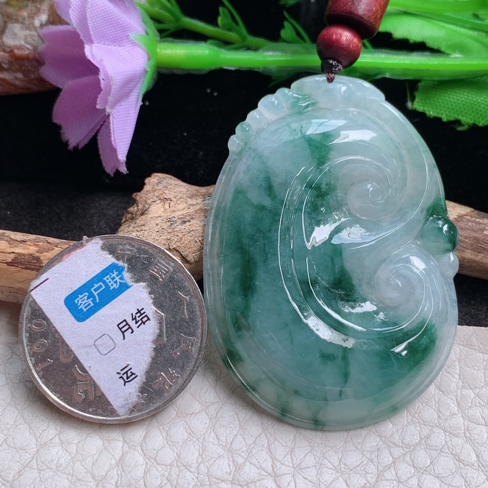 Zen实拍48.8*35*5.5缅甸翡翠精雕冰飘花玉如意 事事顺玉吊坠