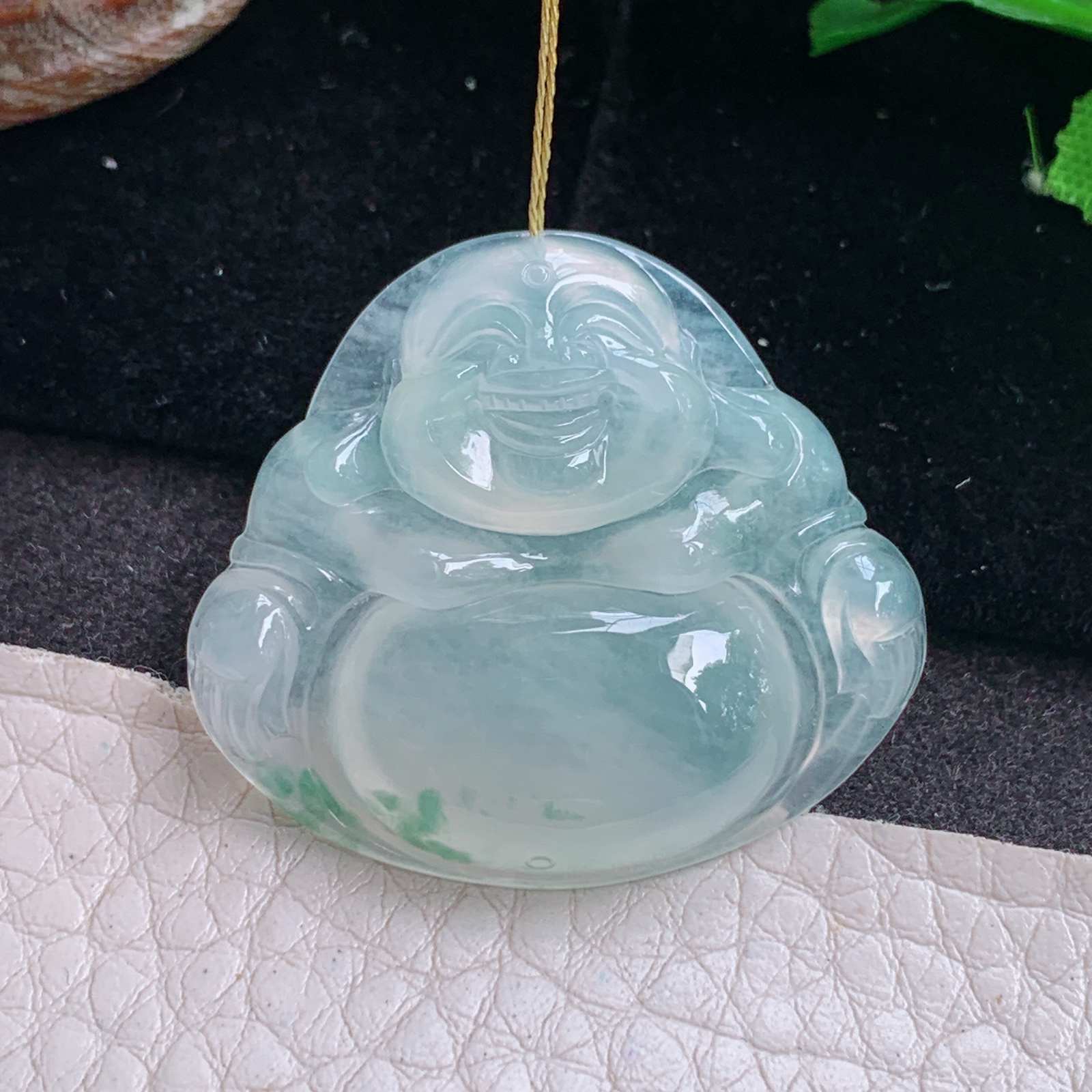 ws实拍30.6*34.6*6.2缅甸翡翠精雕冰飘花佛公 开心佛玉吊坠