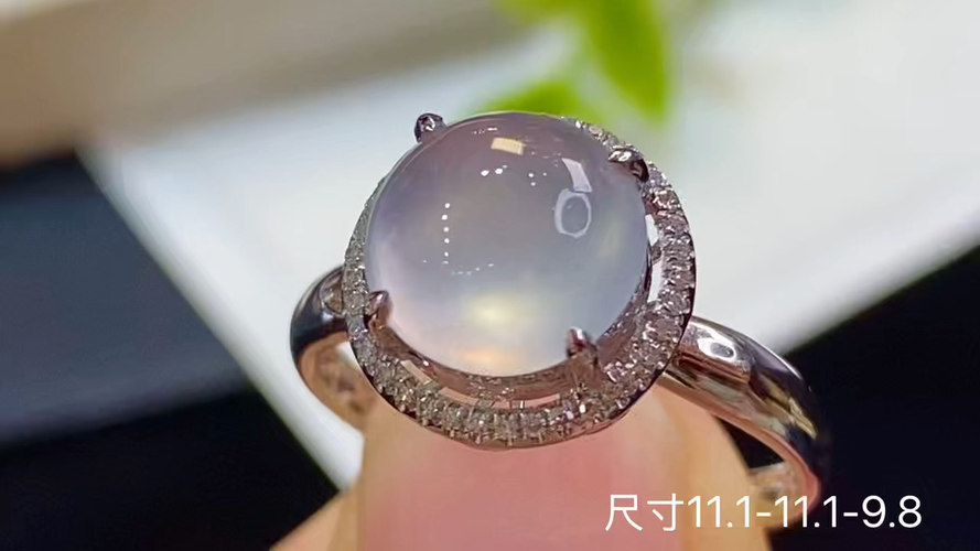 18k金+钻玻璃种蛋面戒指，无裂，11.1-11.1-9.8
