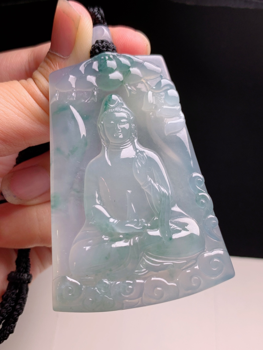冰飘花观音牌，冰润清透雕工细腻，慈容温婉祥和雅致 裸石60.3-41.2-6 43