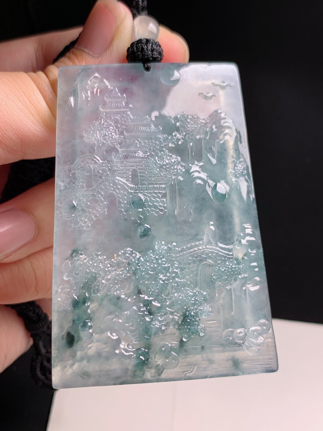 ️ 冰种飘花山水牌，冰透起胶意境悠远，精工雕琢景致灵动 裸石62.7-41.2-5.8 43