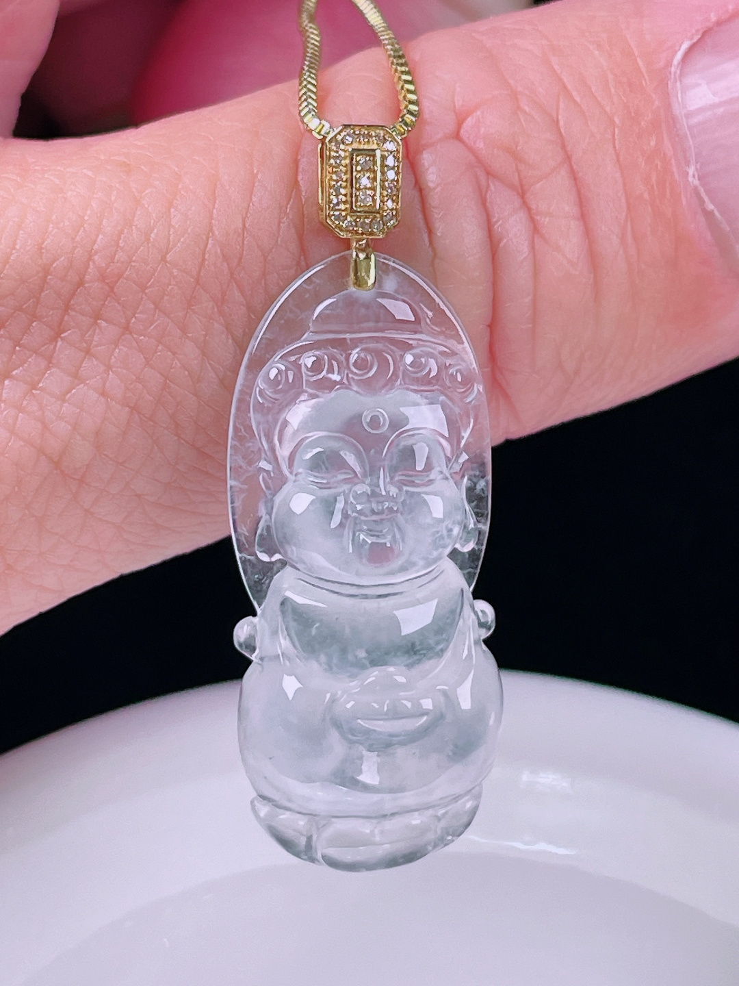 白冰宝宝佛，老种起光，细底通透，尺寸：37.7裸石31.3/13.7/6mm0718