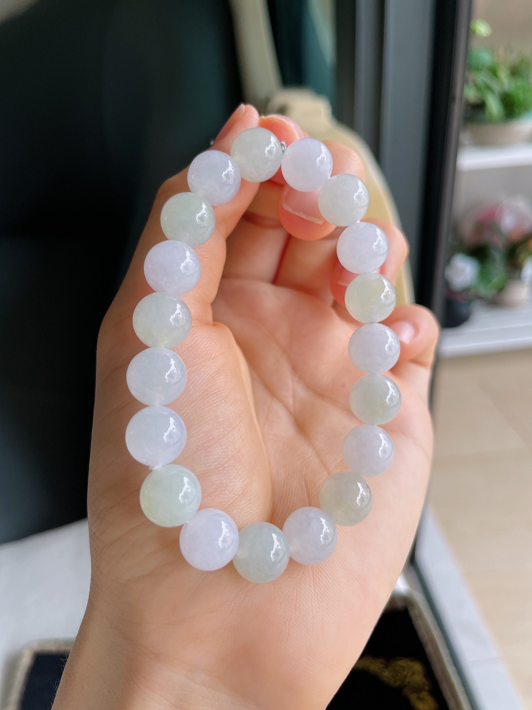天然翡翠A货，冰双彩手串，尺寸：10mm。【编4398】