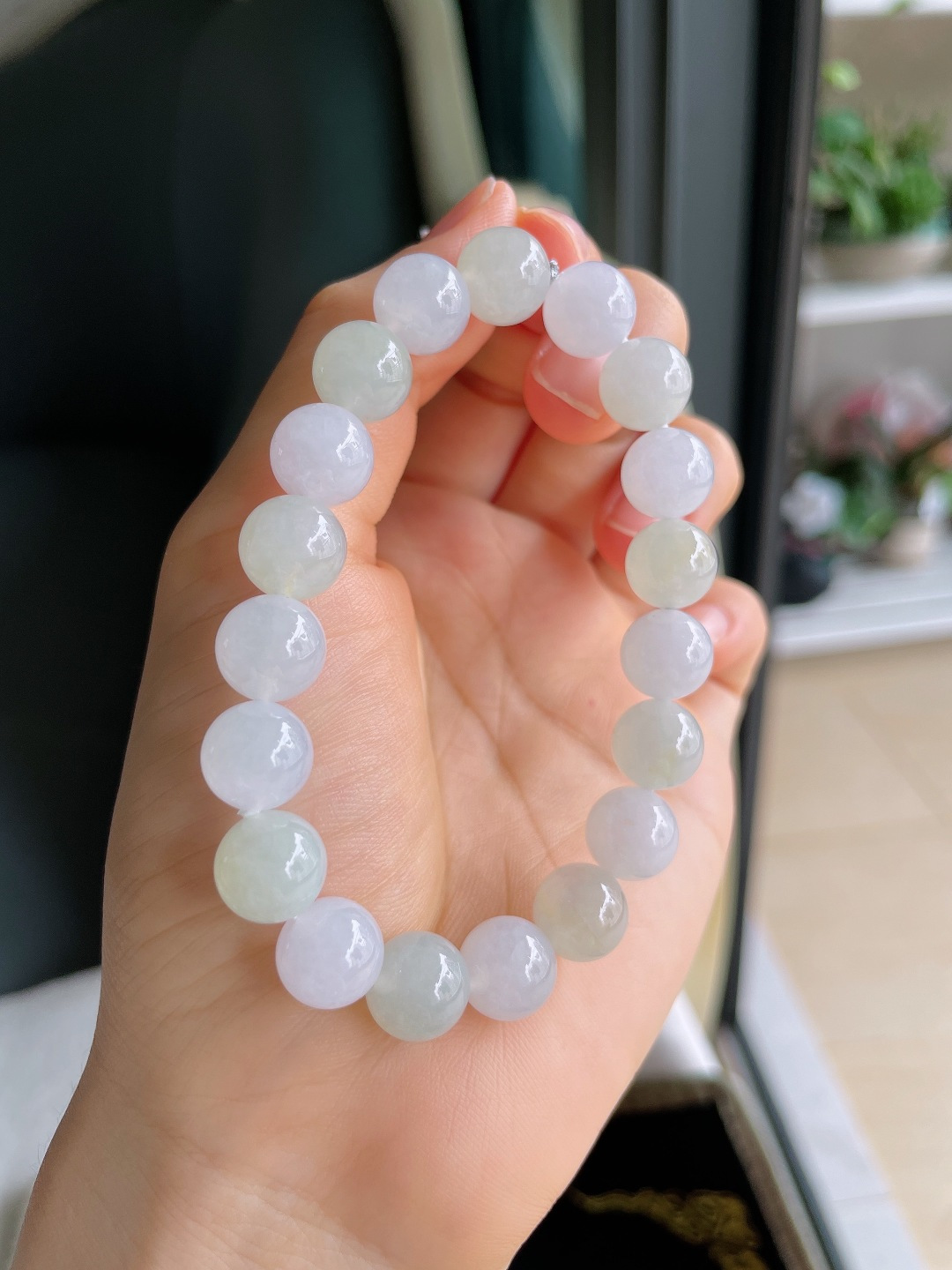 天然翡翠A货，冰双彩手串，尺寸：10mm。【编4398】