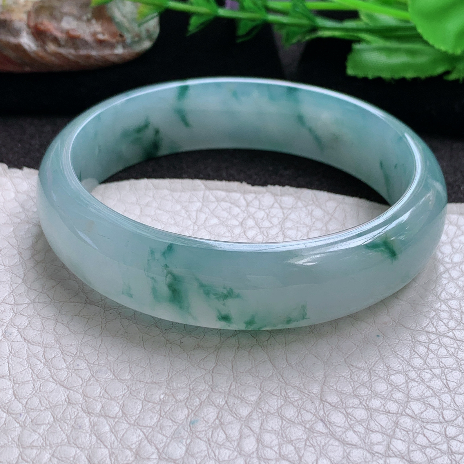 js实拍59*15.2*7.5轮胎镯 天然缅甸翡翠玉手镯 冰蓝飘花正圈玉手环