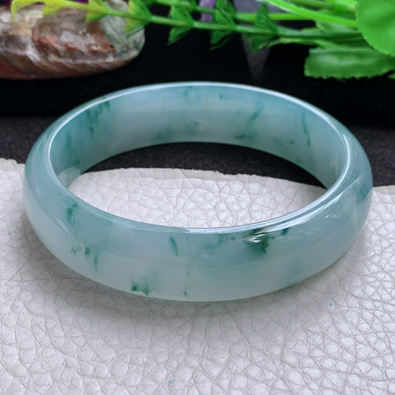 js实拍59*15.2*7.5轮胎镯 天然缅甸翡翠玉手镯 冰蓝飘花正圈玉手环
