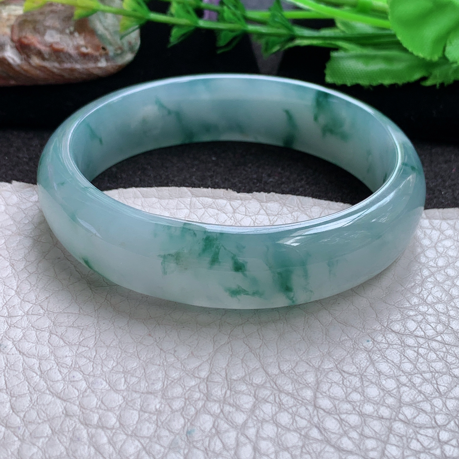 js实拍59*15.2*7.5轮胎镯 天然缅甸翡翠玉手镯 冰蓝飘花正圈玉手环