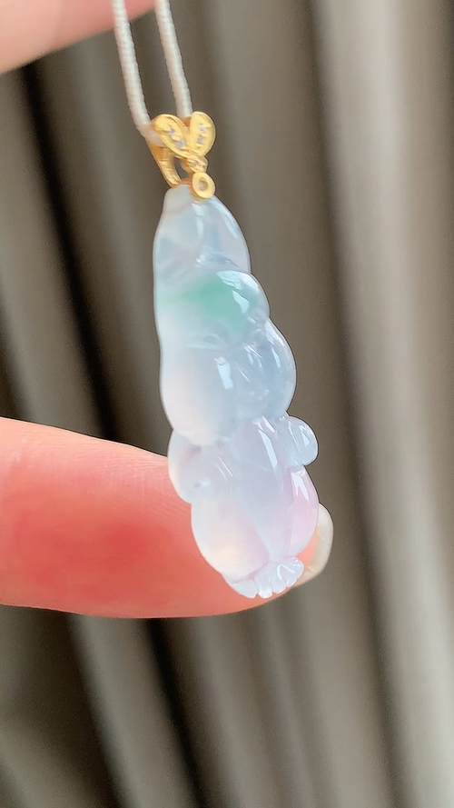 ️天然翡翠，飘绿花兔子18k金无裂，尺寸26-9.5-5.8 aa715