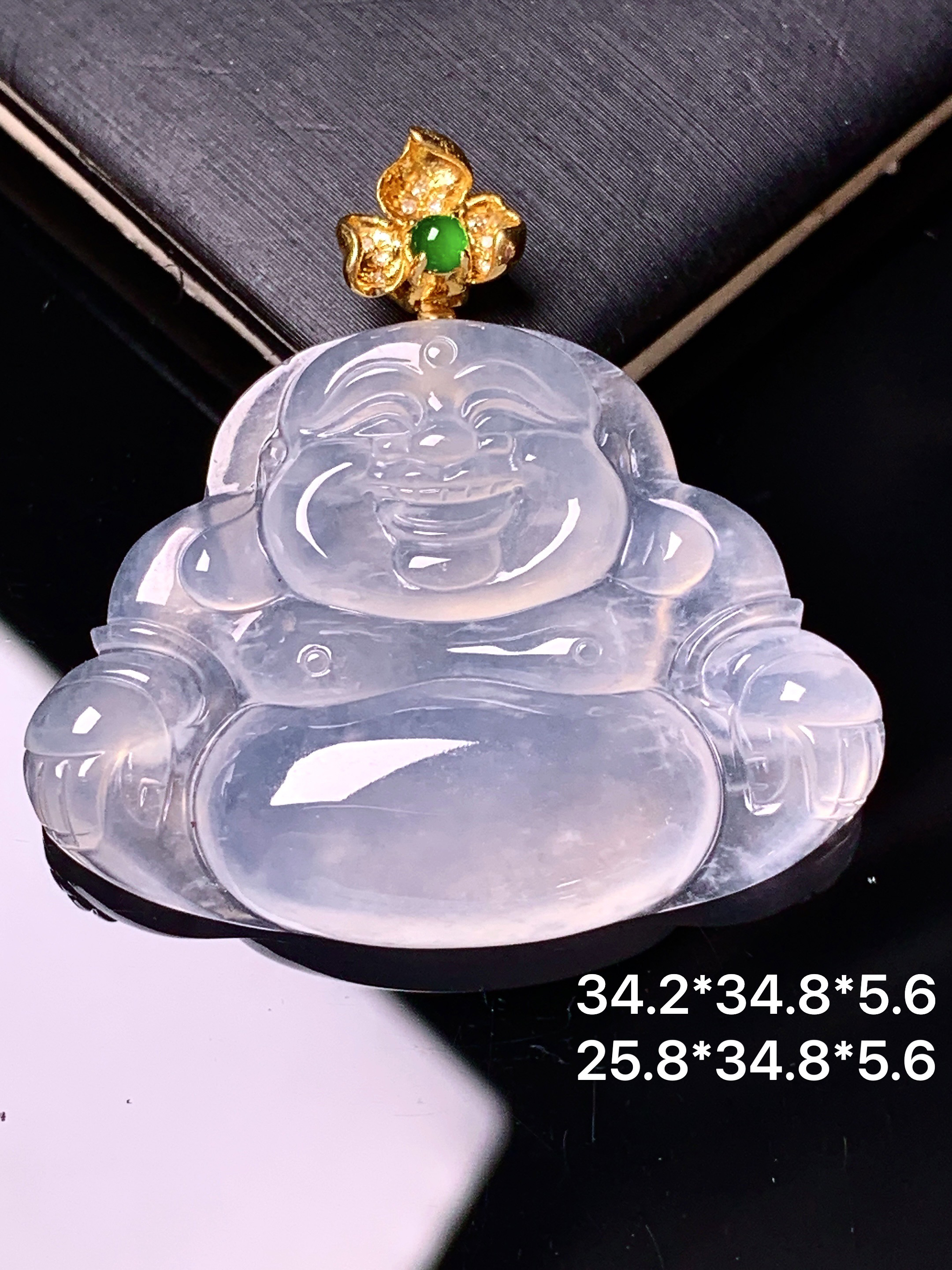 18k金镶嵌冰种佛公吊坠 玉质细腻 色泽艳丽清新 整体尺寸34.2*34.8*5.6 2x
