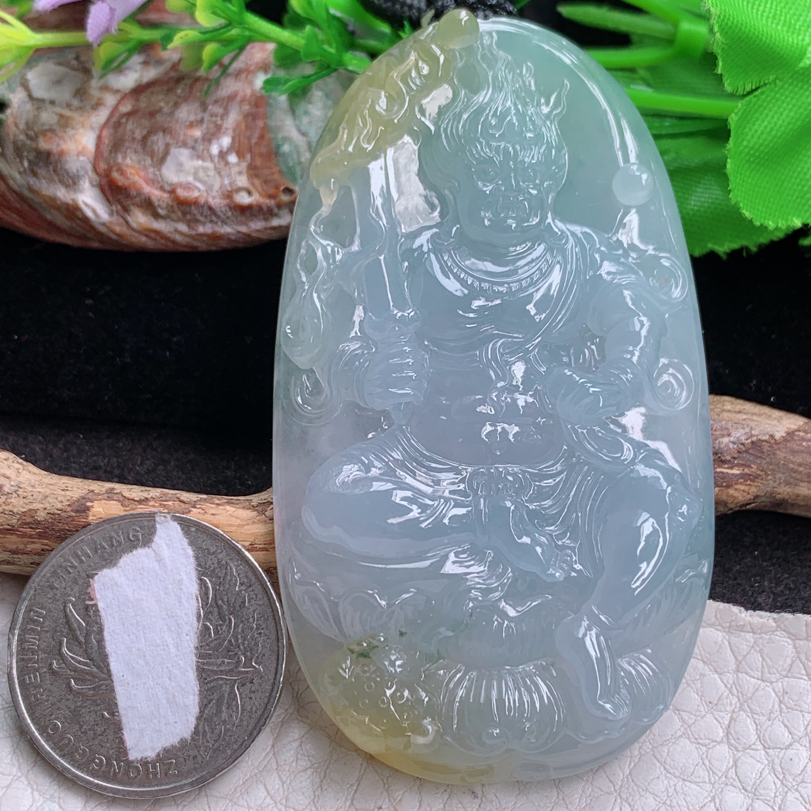 Yl实拍70*40.3*10冰透飘黄双彩缅甸翡翠不动明王项坠 精雕厚装生肖守护神玉坠