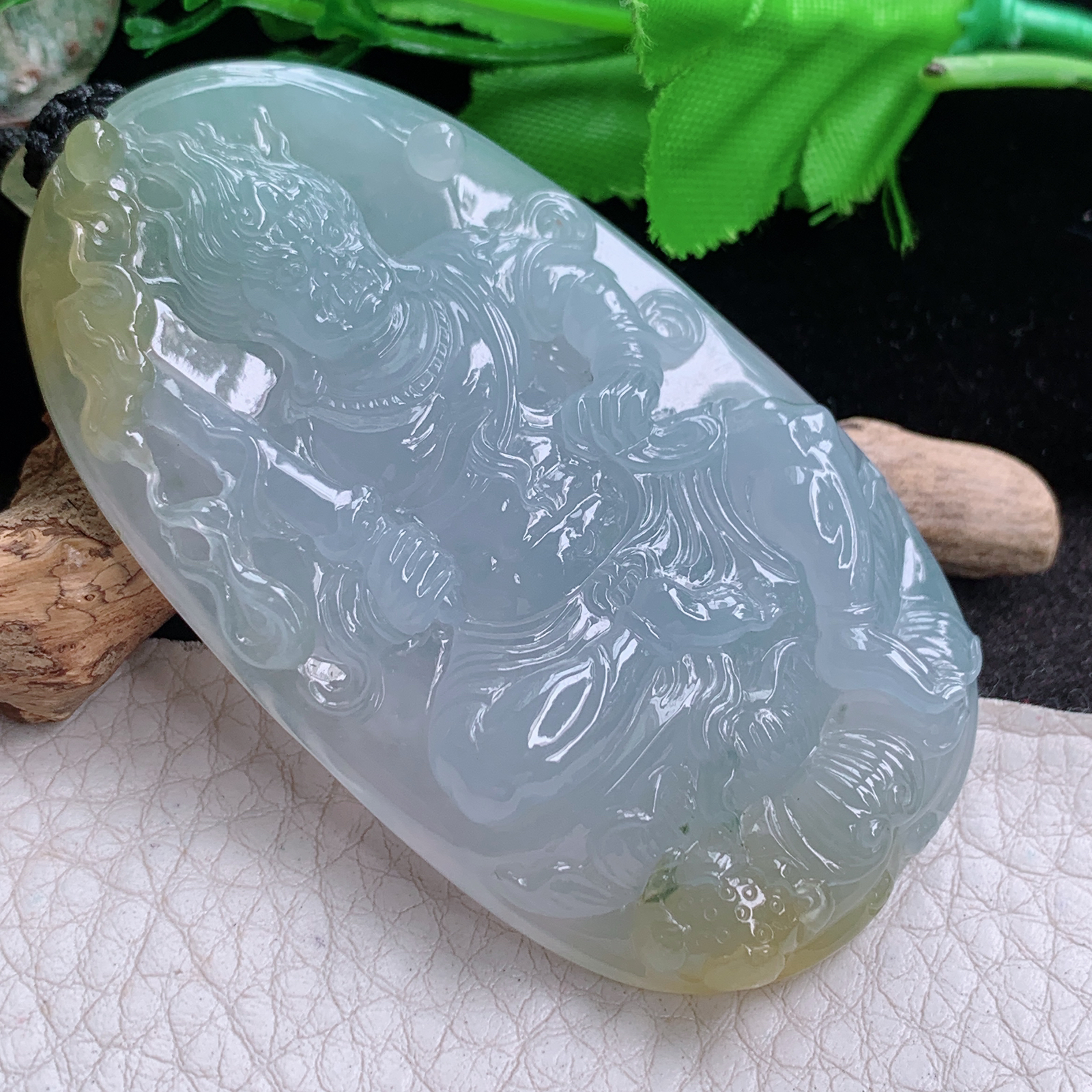 Yl实拍70*40.3*10冰透飘黄双彩缅甸翡翠不动明王项坠 精雕厚装生肖守护神玉坠