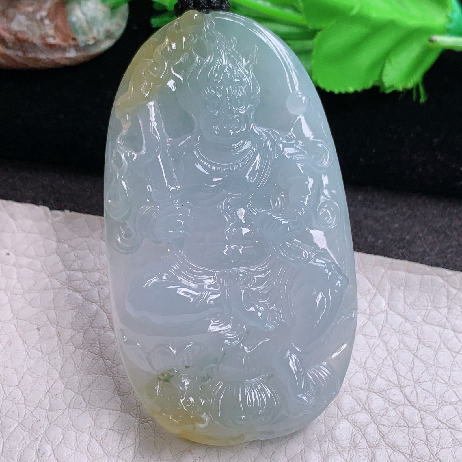 Yl实拍70*40.3*10冰透飘黄双彩缅甸翡翠不动明王项坠 精雕厚装生肖守护神玉坠