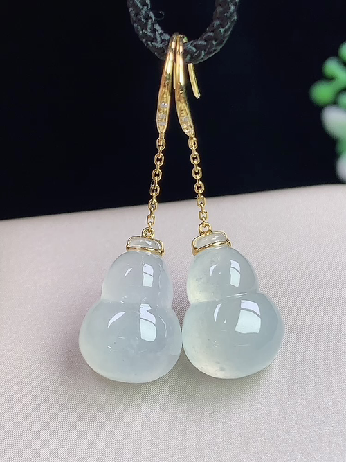 18k金镶冰种葫芦耳环，无裂，尺寸14-9.8-5.8mm，Q19ytf