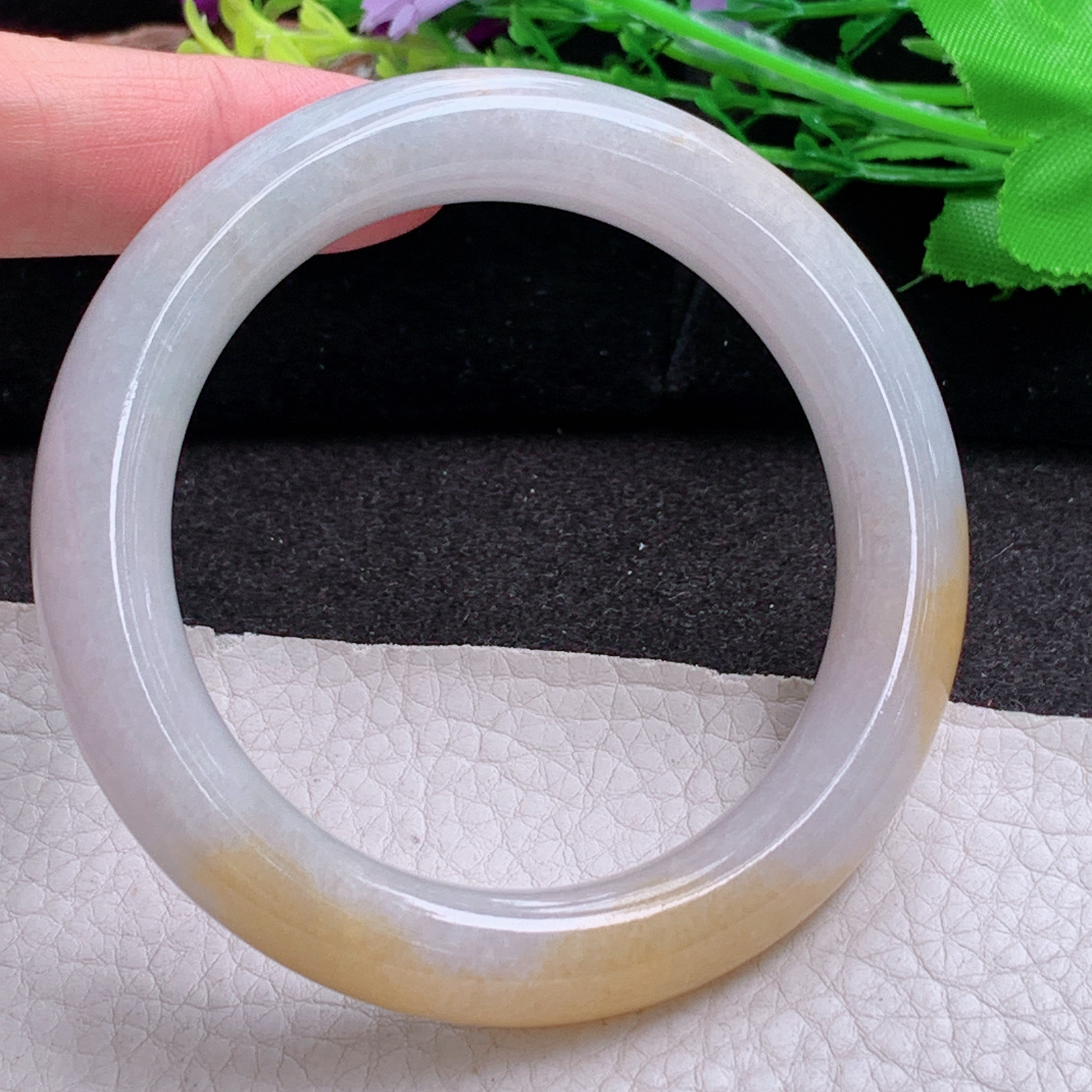z实拍57*11.5*11招财镯 缅甸翡翠a货玉手镯高品质双彩圆条玉手环