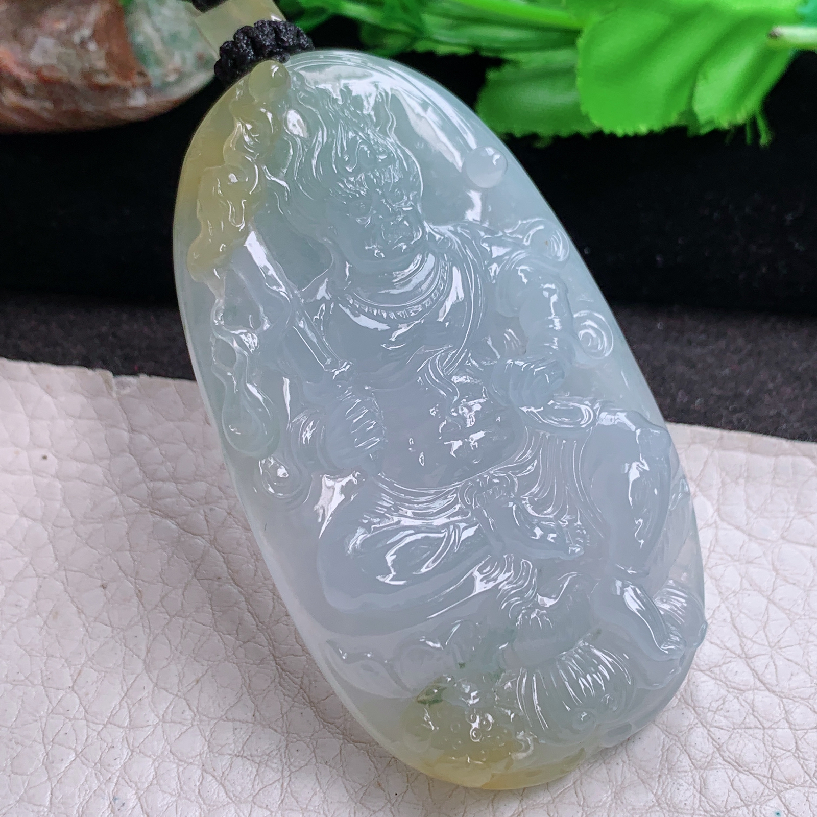 Yl实拍70*40.3*10冰透飘黄双彩缅甸翡翠不动明王项坠 精雕厚装生肖守护神玉坠