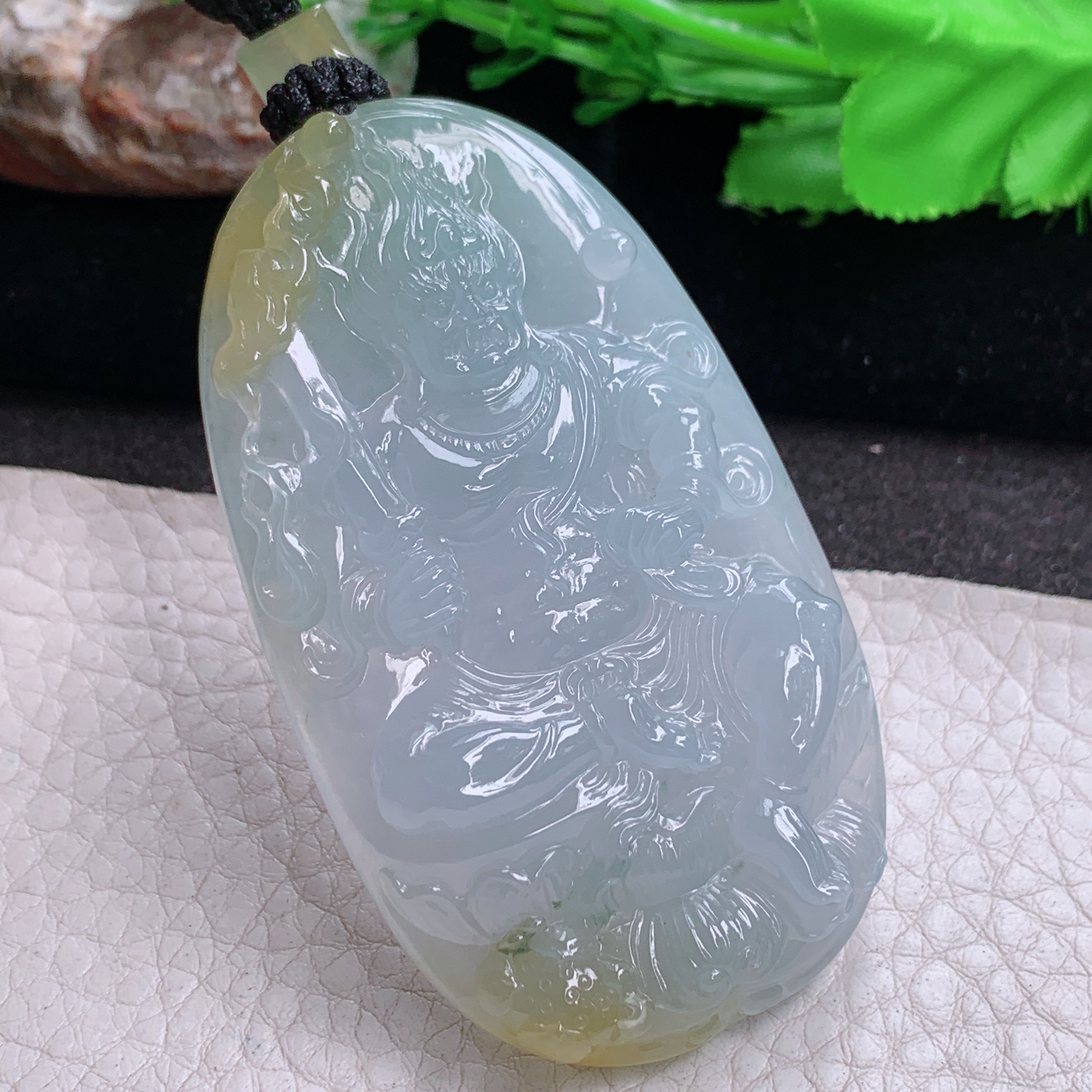 Yl实拍70*40.3*10冰透飘黄双彩缅甸翡翠不动明王项坠 精雕厚装生肖守护神玉坠