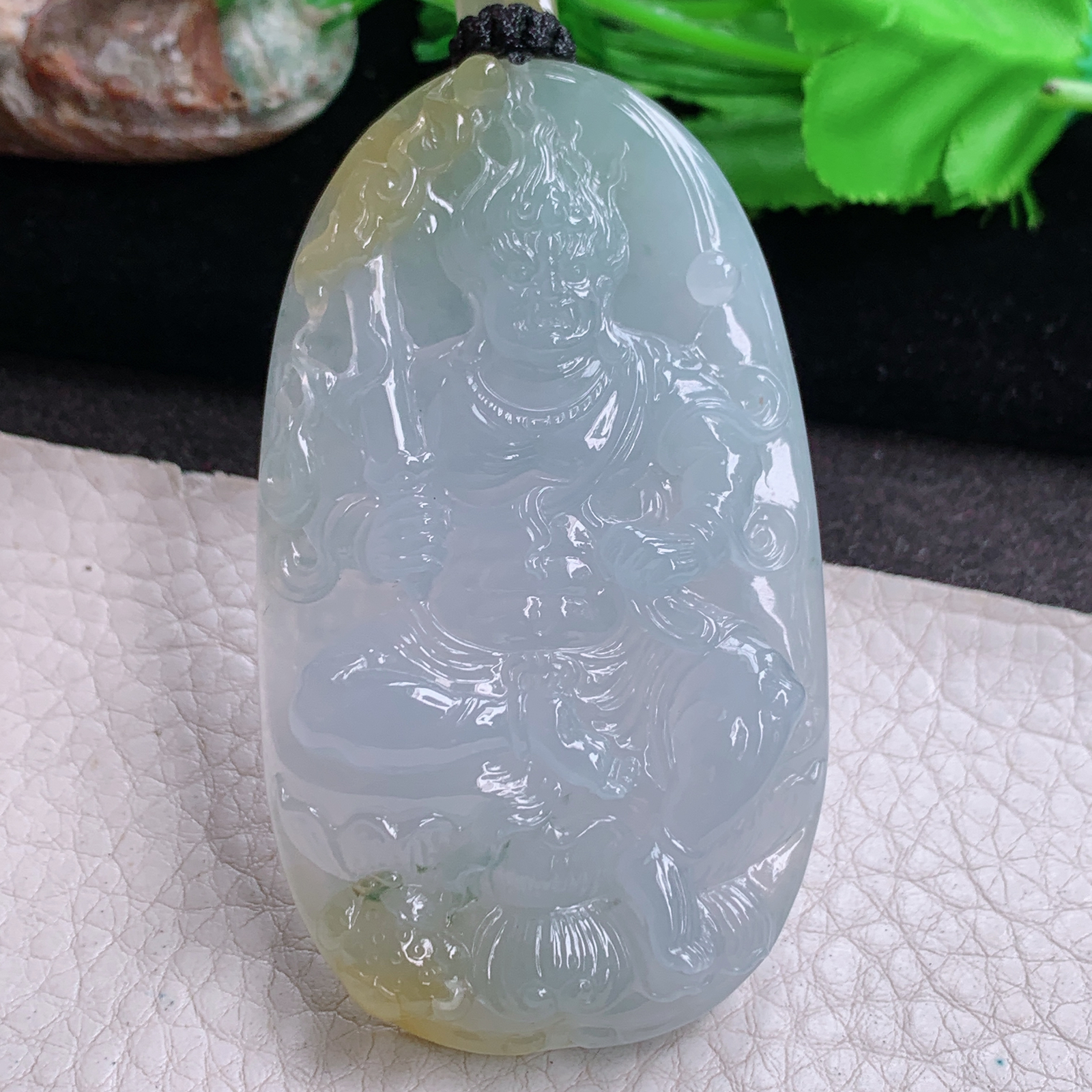 Yl实拍70*40.3*10冰透飘黄双彩缅甸翡翠不动明王项坠 精雕厚装生肖守护神玉坠