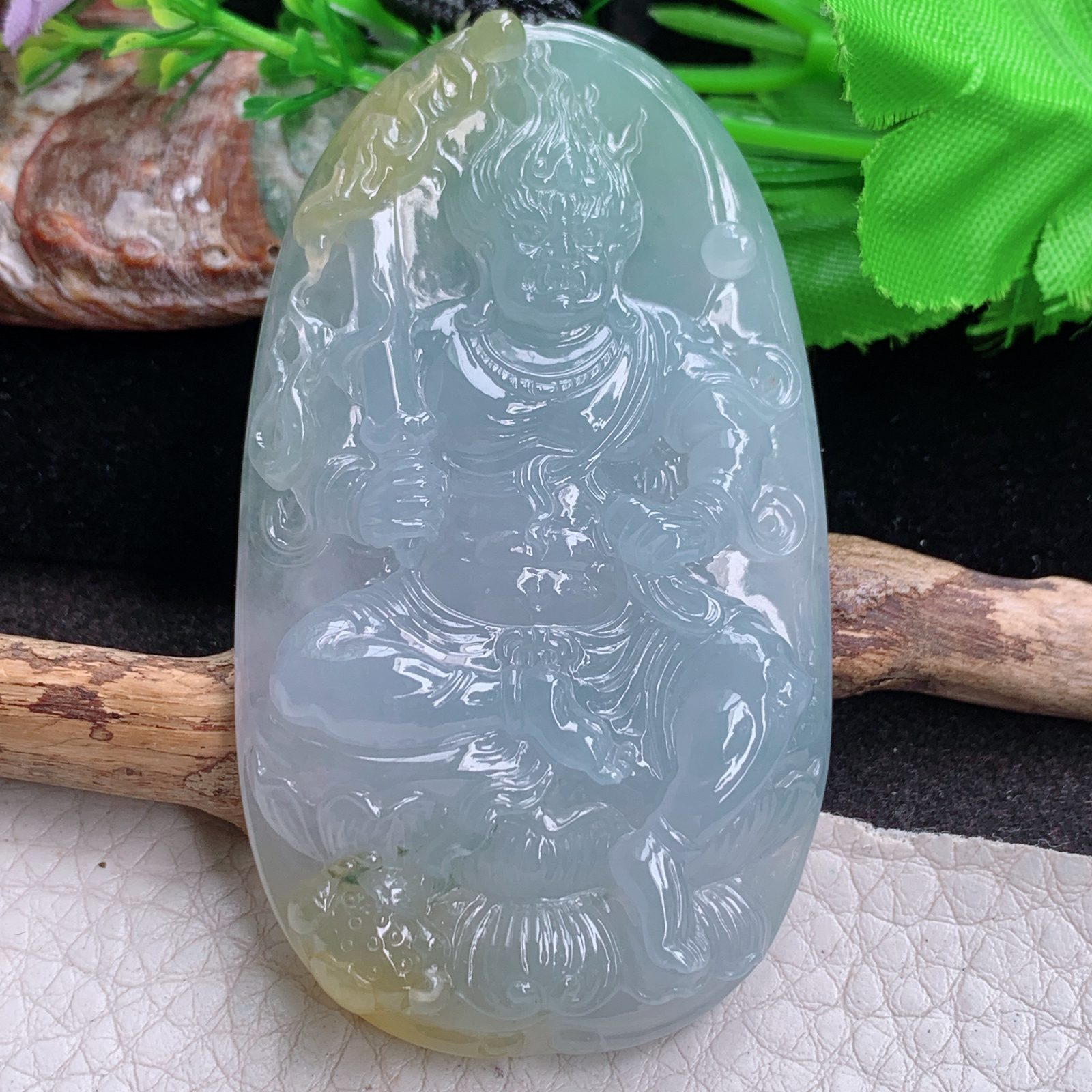 Yl实拍70*40.3*10冰透飘黄双彩缅甸翡翠不动明王项坠 精雕厚装生肖守护神玉坠