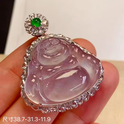18k金+钻玻璃种坐佛吊坠，饱满大气起荧光，实物更漂亮，无裂，38.7-31.3-11.9