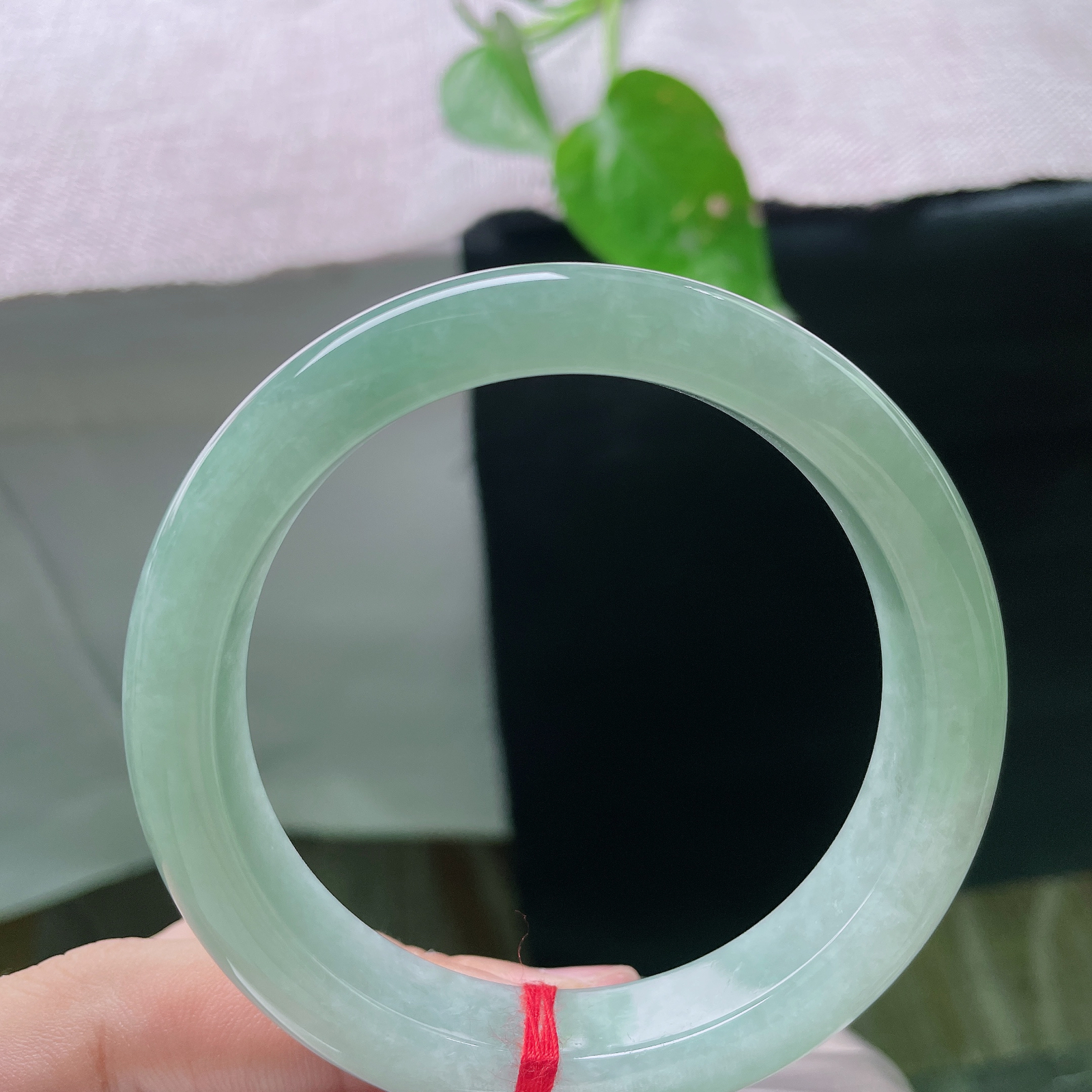 56.8/13.2/8.7，绿底正圈，通体均匀绿底色翡翠平安镯，玉质细腻温润，底色干净无杂色，色调柔