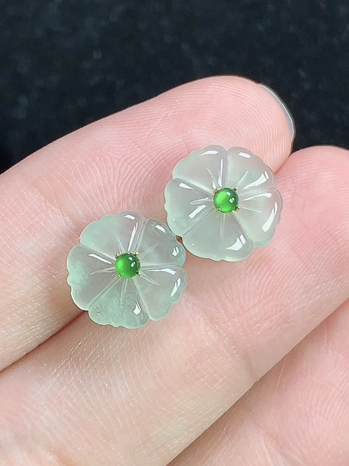 18k金镶冰晴花开富贵耳钉，无裂，尺寸10.2-1.7mm，Q20jay