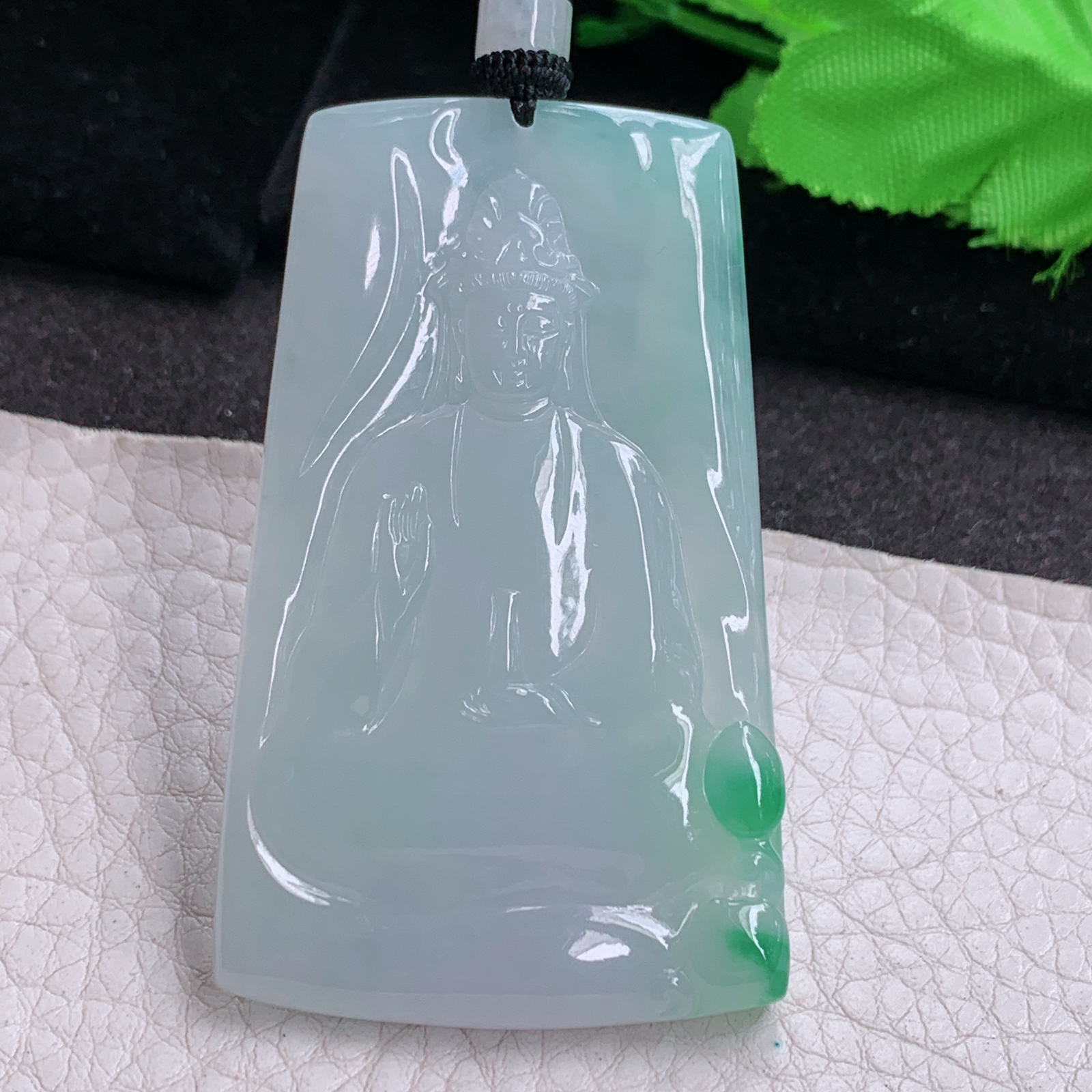 Csy实拍59.6*36.5*5.3缅甸翡翠冰飘绿花净瓶观音菩萨吊坠