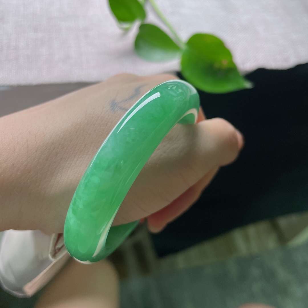 53.3/12.8/8.7，绿底正圈， 一镯盛满春日绿意，绿底温润浓郁，飘花点缀其间，中式氛围感拉满，无裂，ss56325a