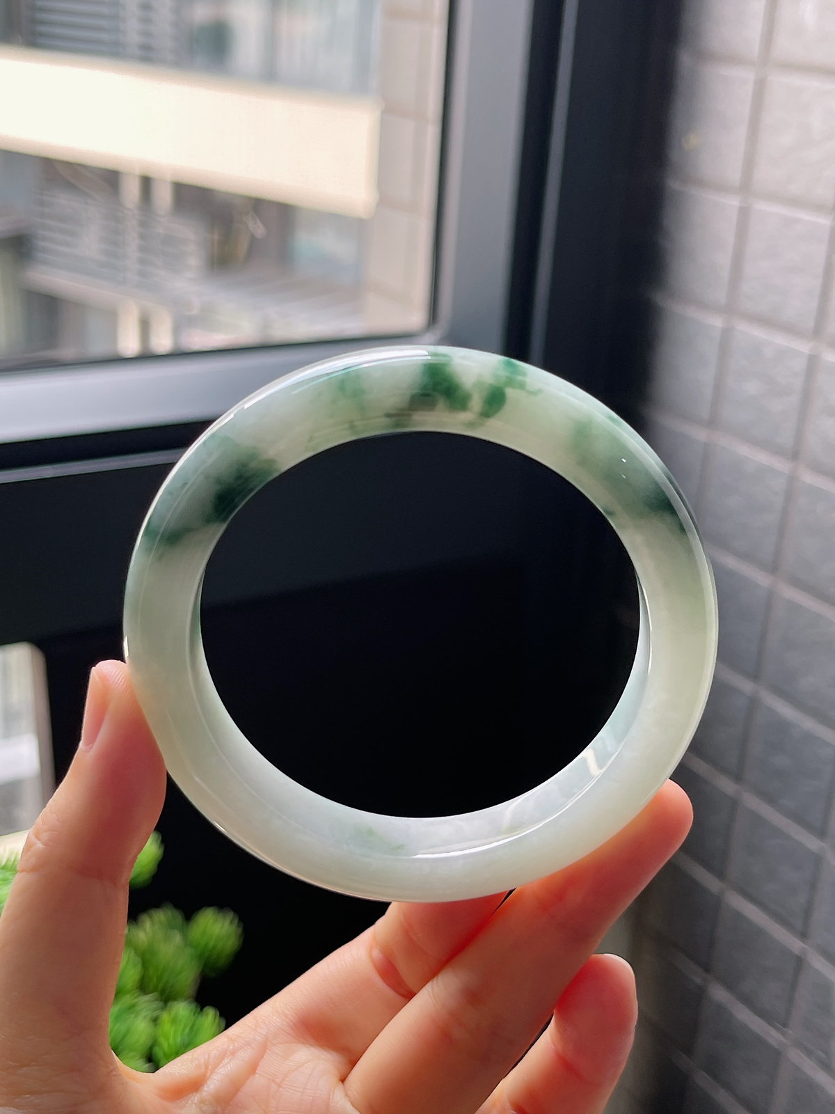 圈口59.7，冰糯种飘花翡翠正圈手镯